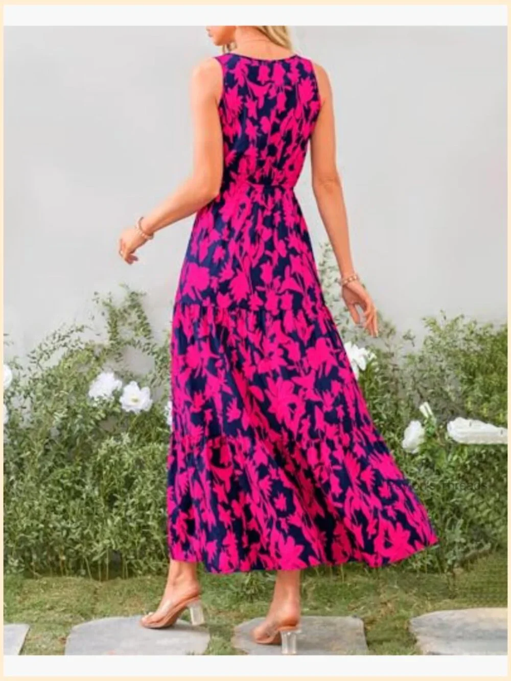 Women's Sleeveless Floral Maxi Dress with V Neck & High Waist - Picture 4 of 7